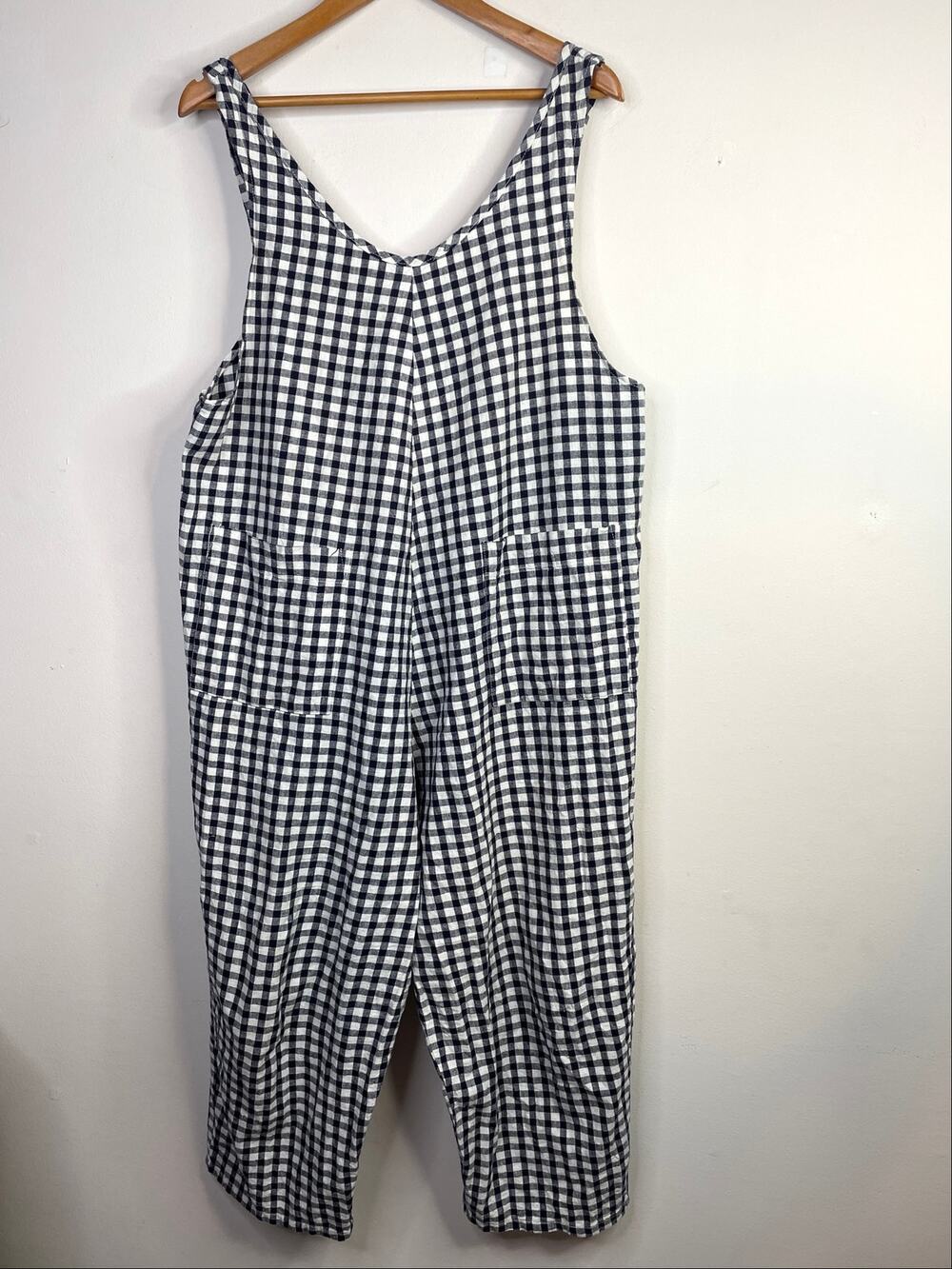 Nettle Studios Everyday Overalls Jumpsuit Navy Blue Gingham Check Cropped M